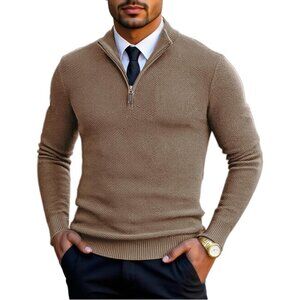 Men's Slim Fit Quarter Zip Pullover Sweater Knit Mock Neck Polo Khaki Sweater